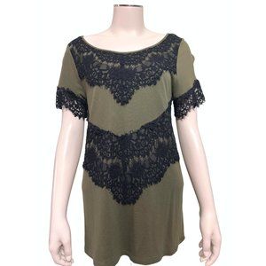 A.N.A. A New Approach Olive Green Black Lace 100% Rayon Short Sleeve Blouse Size